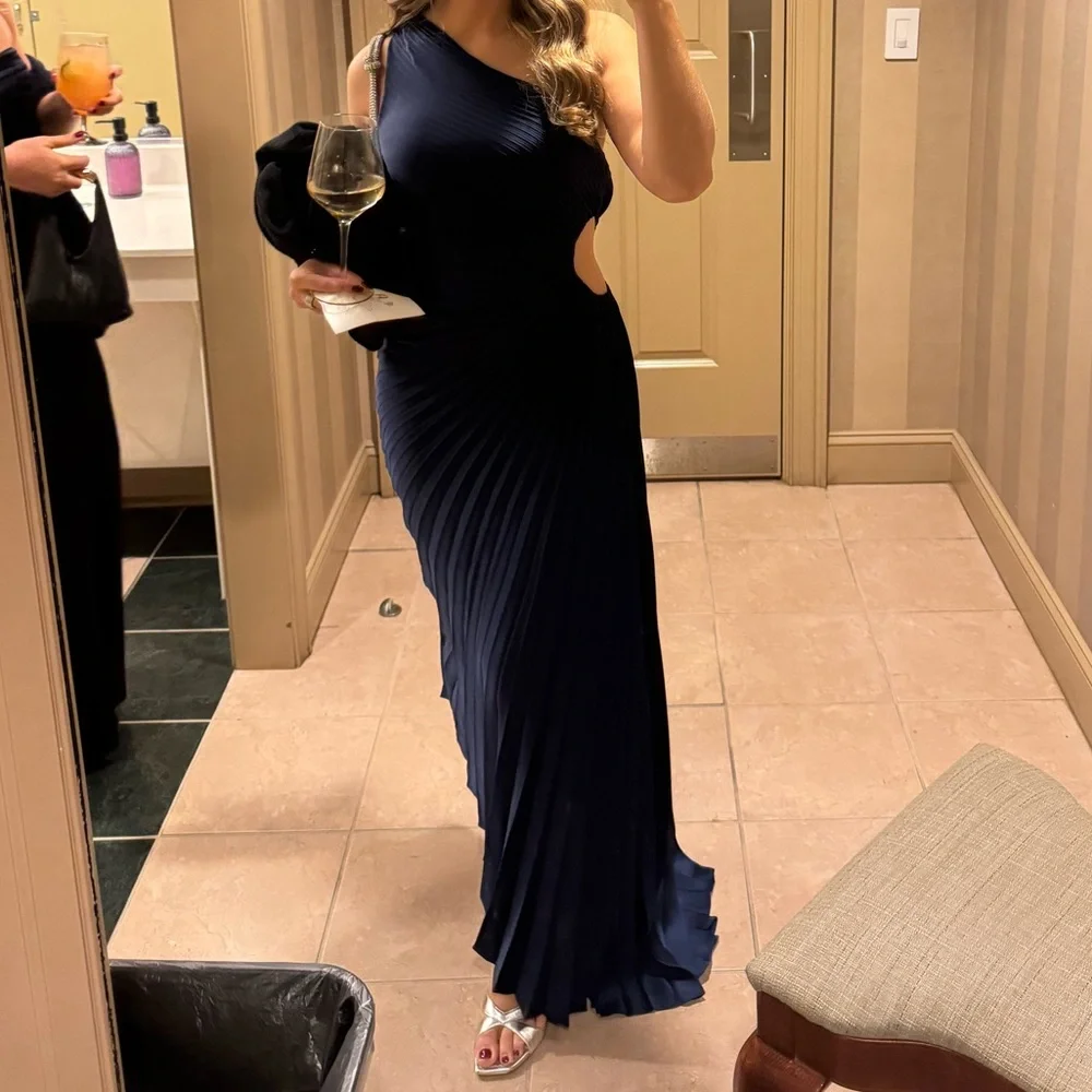 A.L.C. Delfina Asymmetrical Pleated Dress in Navy - Picture 6 of 11